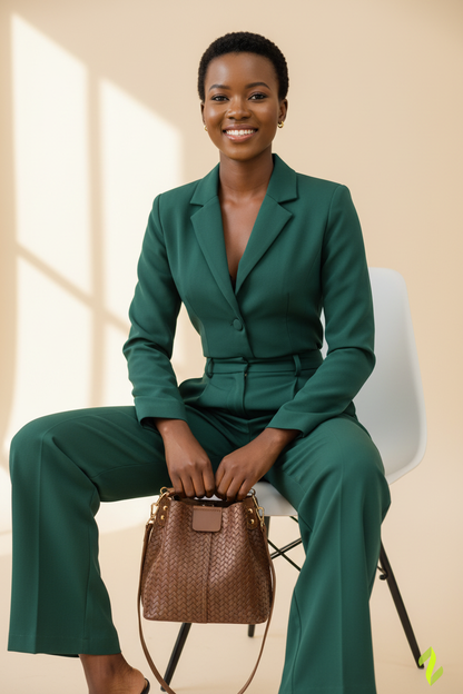 Brown Woven Bag — Seated Pose