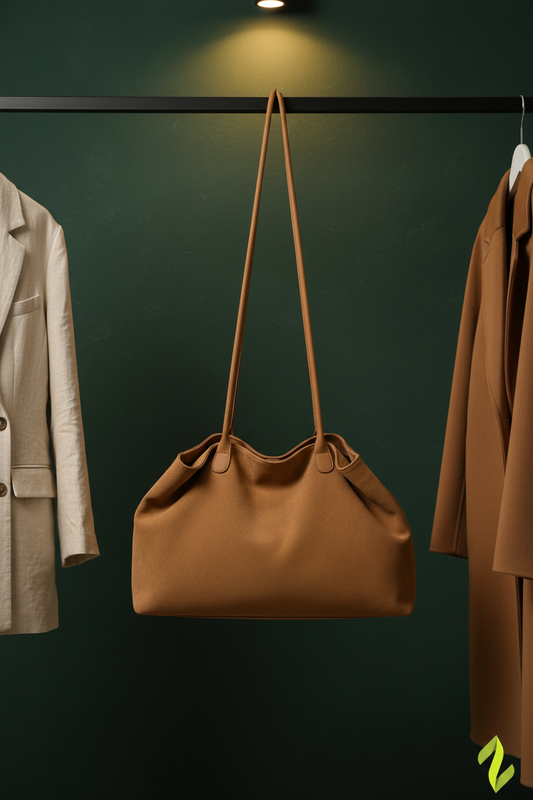 Camel Suede Bag - Hanging on Rail Forest Green Background