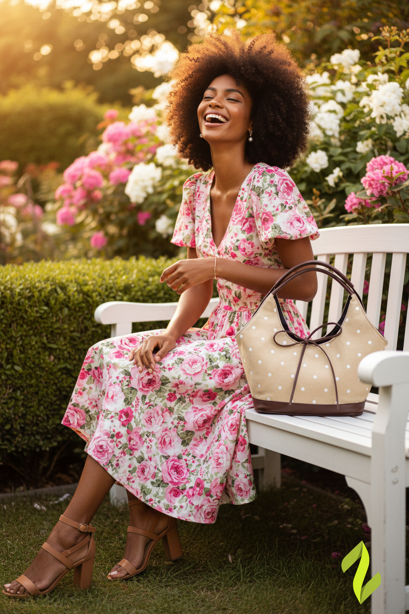 Coffee Brown Polka Dot Bag - New Model Garden Scene