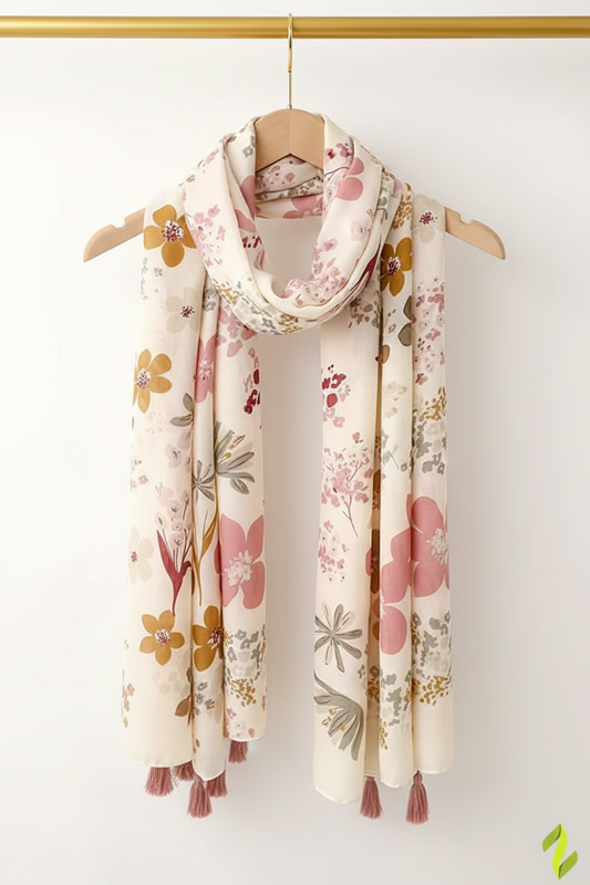 Cream Floral Tassel Scarf - Gold Hanger