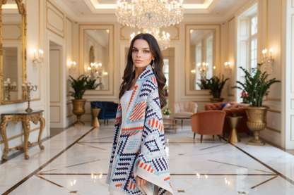 Geometric Shawl — Light Brown Woman, Luxury Interior