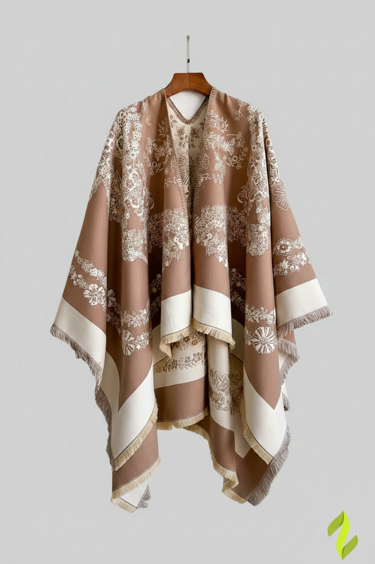 Caramel floral poncho shawl on grey background with ZIYAHUB logo