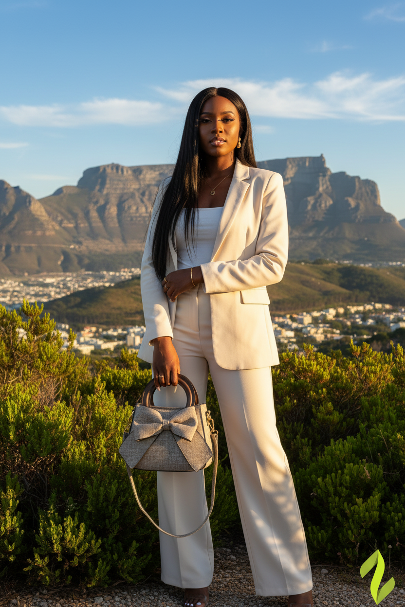 Linen Bow Bag - Model at Table Mountain