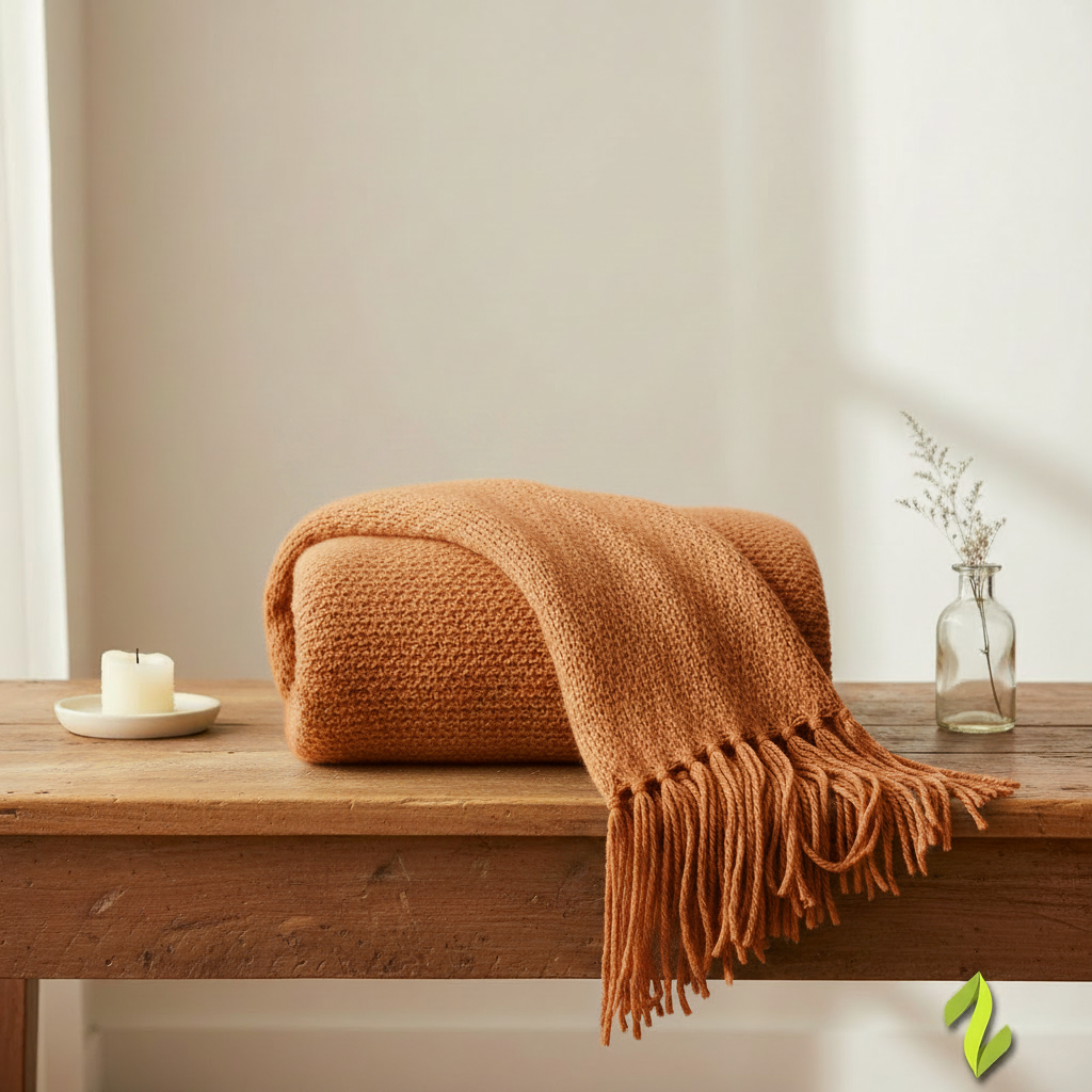 Meadow Fringe Blanket Orange - Wrapped on Table