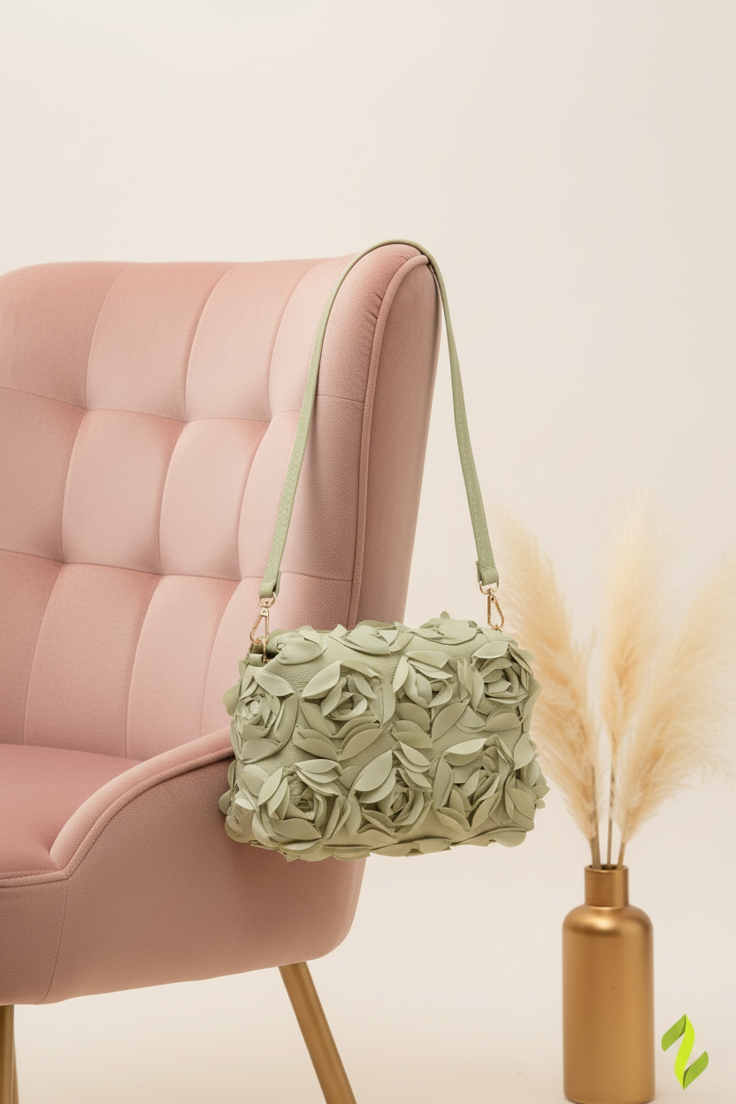 Sage Green Rose Bag - Blush Pink Tufted Chair