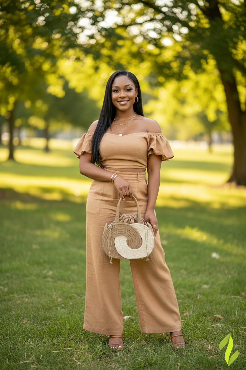 Two-Tone Spiral Bag - Model Park Camel Linen Outfit